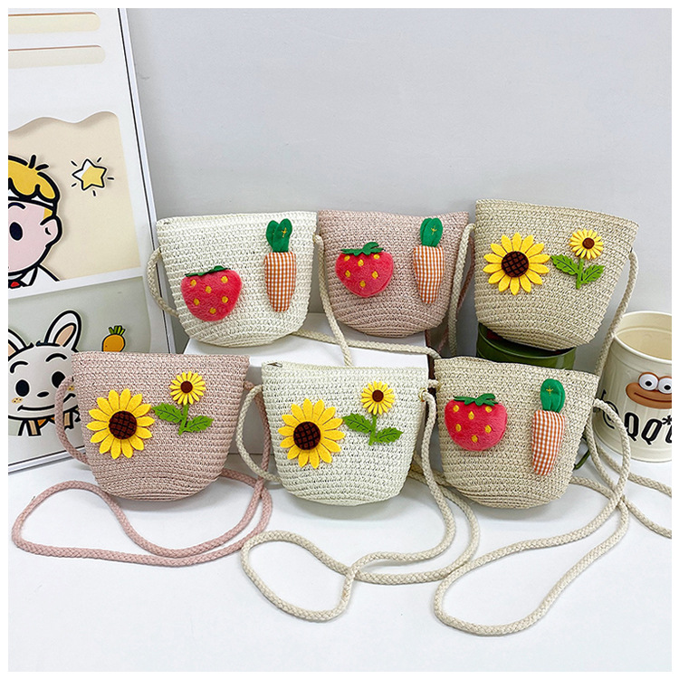 Japanese-style cute cartoon flower small bags, children's straw woven bags, mini crossbody bags, beach play zipper bags, single-shoulder bags undefined