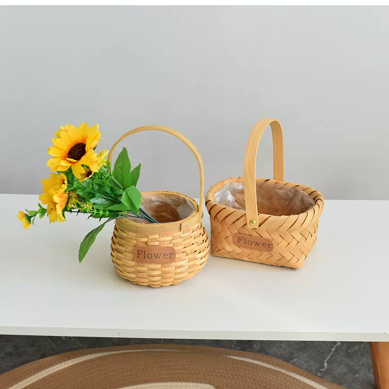 手提花篮草编插花篮木片手编花篮藤枝手提花篮田园风创意柳编花篮
