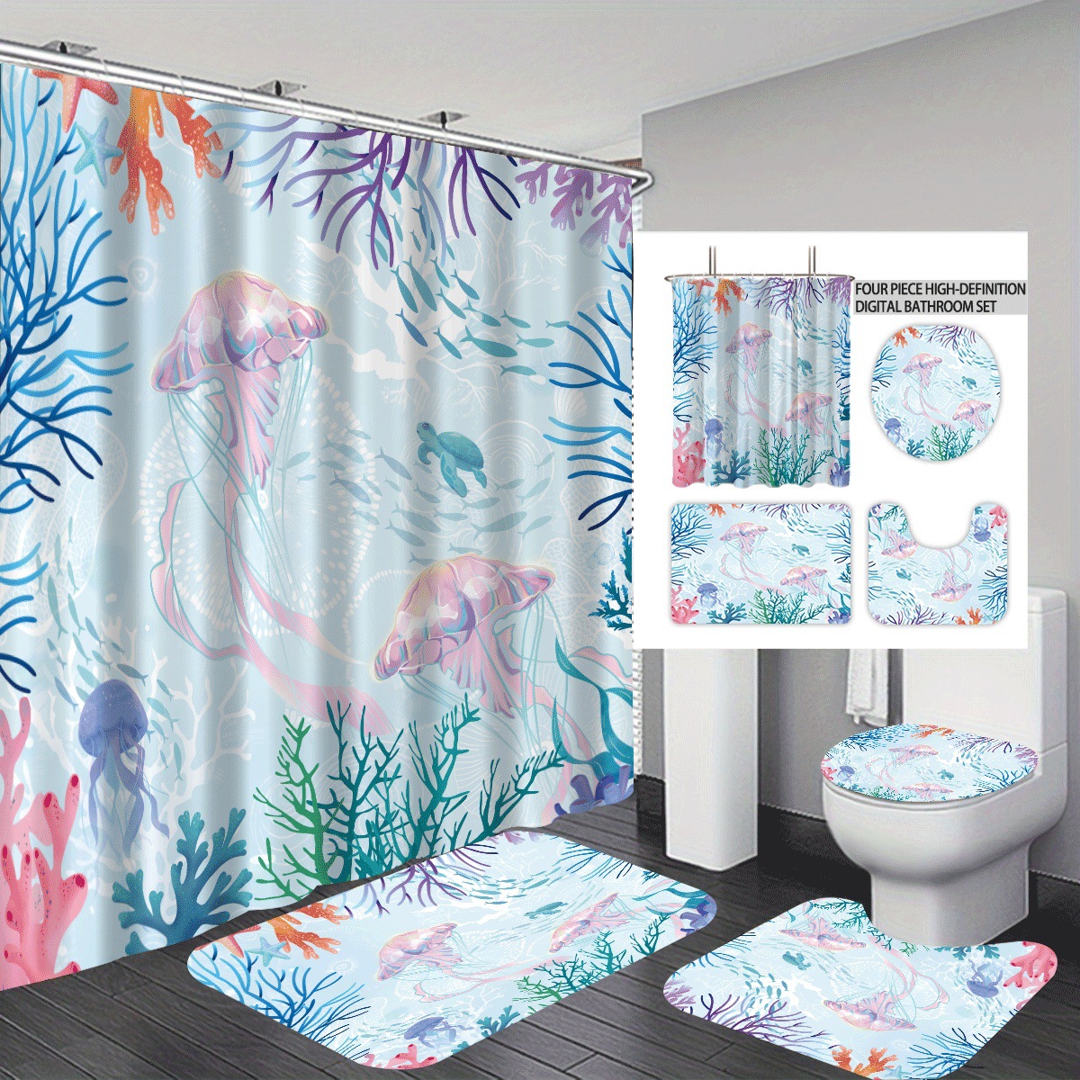 Temu cortina de baño impermeable personalizada serie de elementos marinos 3D impresión poliéster cortina de baño de cuatro piezas fábrica image 26