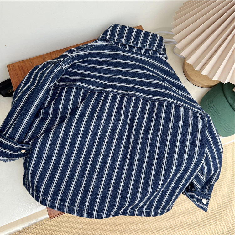 23 Îmbrăcăminte coreeană pentru copii, produs nou de toamnă, cămașă pentru băieți și fete, cu dungi verticale, rever, casual, din denim gros, exterior_voghion.com