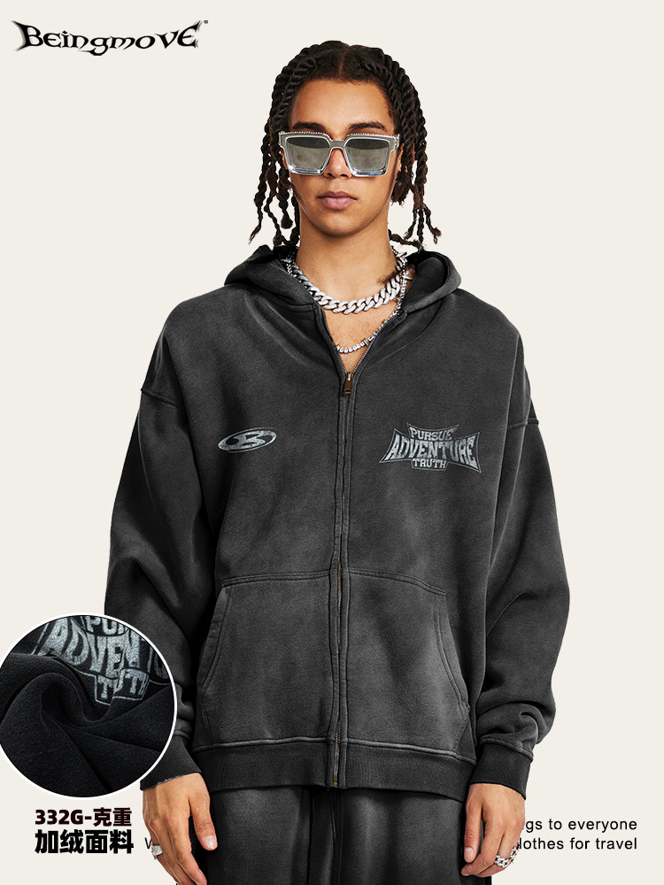 2025 otoño marca de moda retro teñido sucio hacer viejo oversize suelto con cremallera camisa con capuchona hombre transfronterizo