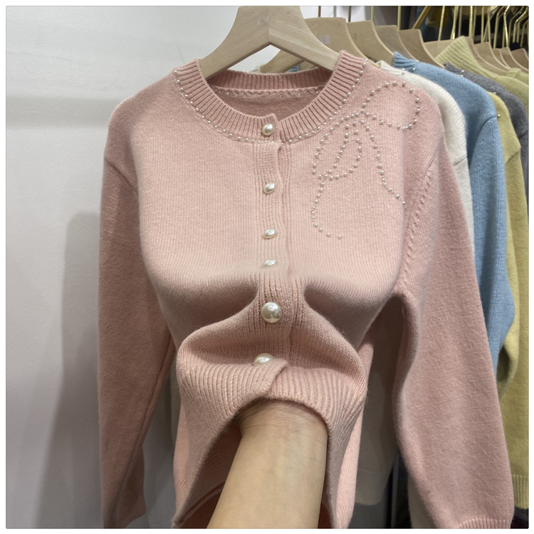 Women's Clothing Chic Embellished Bow Knit Cardigan For Women - Autumn Casual Long Sleeve Open Front Sweater (Blue, Yellow, Gray, Beige, Pink)_voghion.com