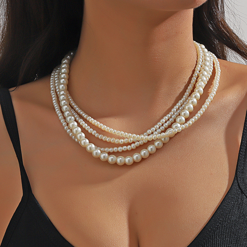 亚马逊新款跨境欧美复古双层珍珠项链时尚串珠大小珍珠短款项链