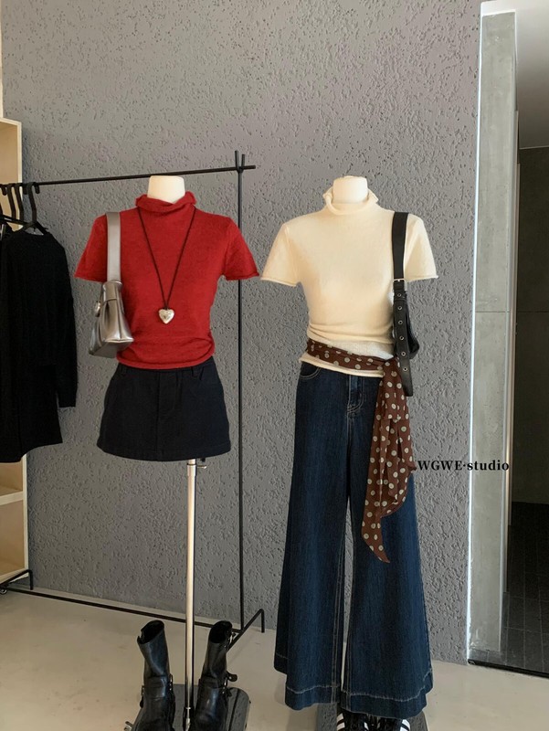 WGWE秋季韩系高级感打底针织衫百搭显瘦修身半高领短袖T恤女W7197|undefined