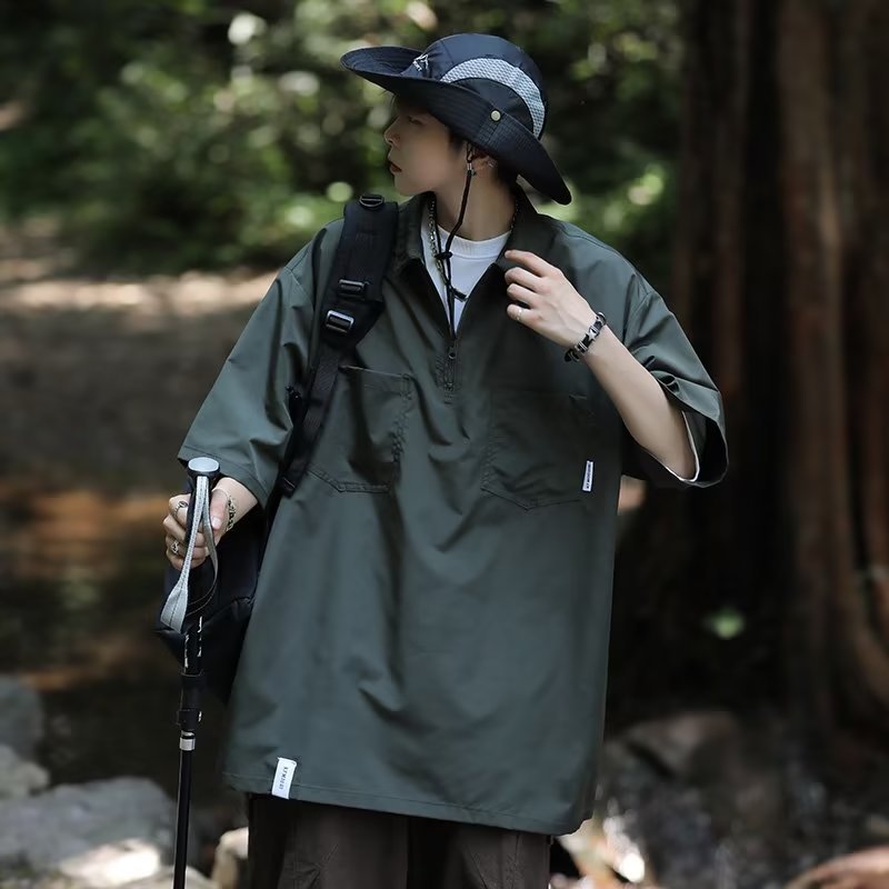 boy Japanese Style Half-Zip Polo Short Men's Summer Heavyweight Workwear Shirt T-Shirt Trendy Brand Retro Half Sleeve Top_voghion.com