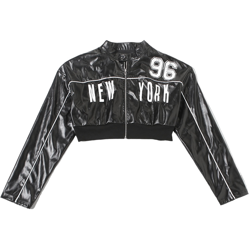 Women's Slim Fit Short Zip up Leather Jacket Autumn Fashion Print Patchwork Outerwear_ecoleips.com
