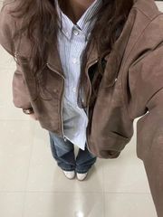 美式复古棕色翻领外套女春秋款2025仿麂皮绒PU情侣夹克上衣