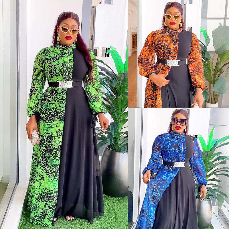 New African plus size Women's dress AliExpress Cross-border European and American Foreign Trade Chiffon Printing Stitching Contrast Color Dress New African plus size Women's dress AliExpress Cross-border European and American Foreign Trade Chiffon Printing Stitching Contrast Color Dress
