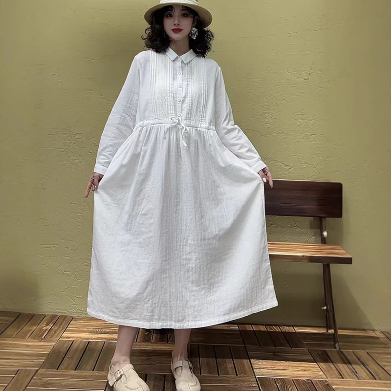 2026 Spring Collection Plus Size Women's Cotton Linen Long Solid Color Dress with Lace Trim