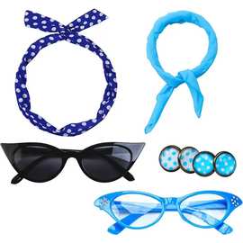 1950年代派对配饰白色波点头带丝巾波点耳钉尖角猫眼眼镜六件套