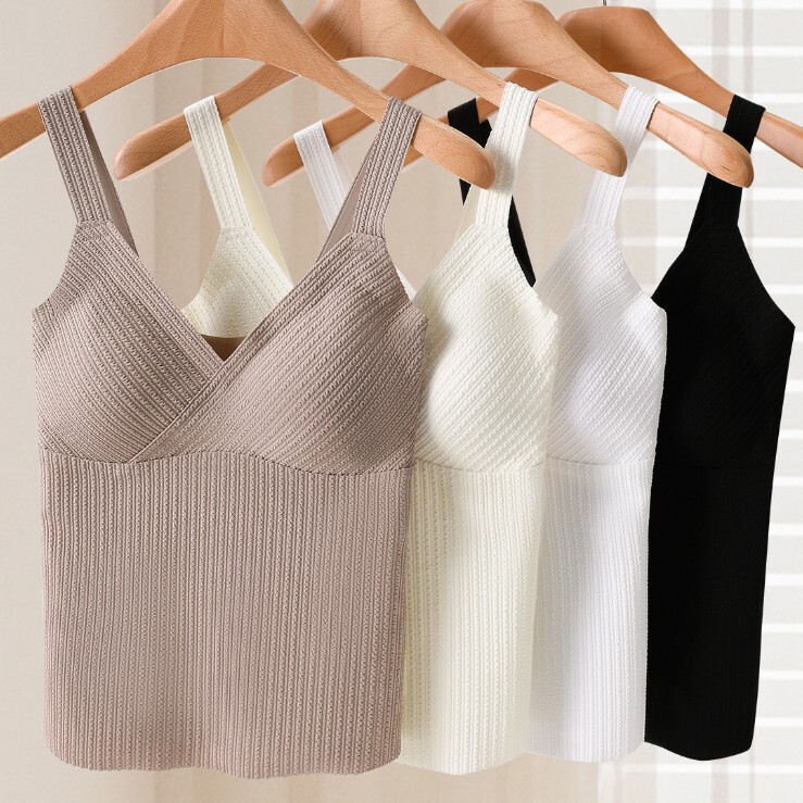 Spring and Summer New Ice Silk V-Neck Wide Shoulder Basing Beautiful Back Wear-Free Bra Comfortable Sling Texture Vest for Women