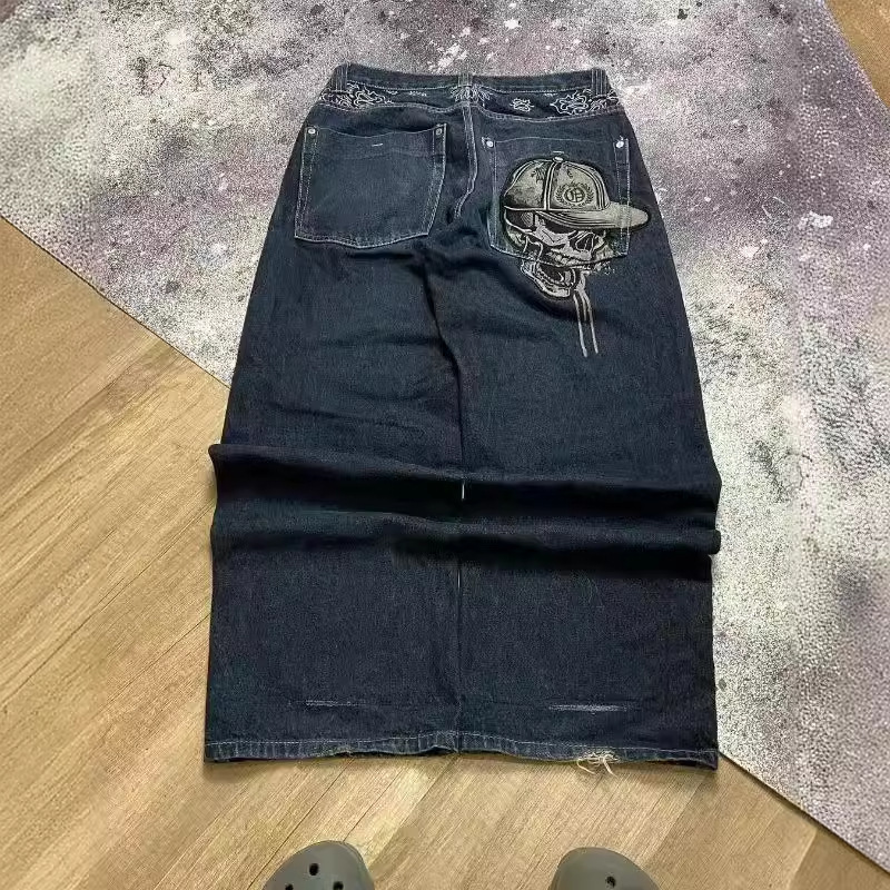Cross-border European and American Gothic Dark Skull Printed Jeans Men's High Street Niche Hip-hop Trendyy Straight Pants