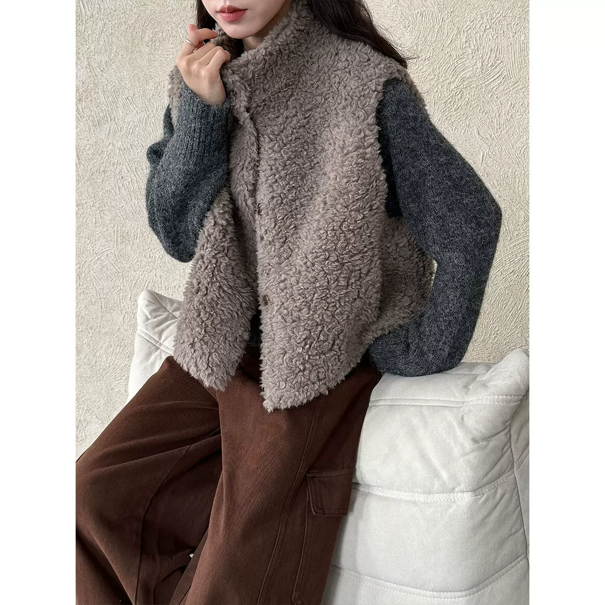 鹿西 三七羊毛麂皮绒皮毛一体无袖马甲女秋冬羊羔毛背心上衣89003