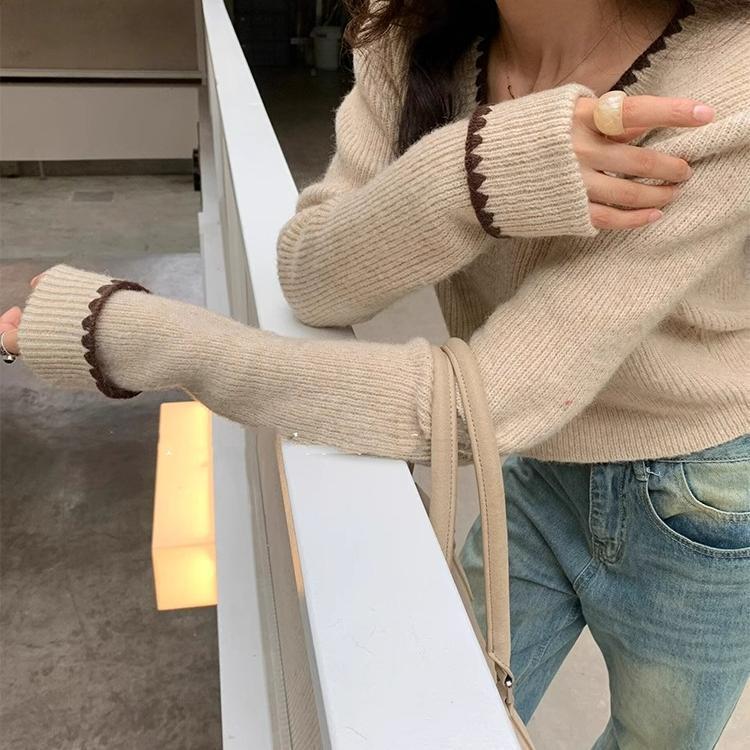 法式高级感撞色V领锁边针织衫女秋季新款复古显瘦内搭打底毛衣潮|undefined
