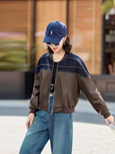 海宁皮衣时尚拼接牛仔绵羊皮女短款外套宽松显瘦上衣秋冬夹克潮