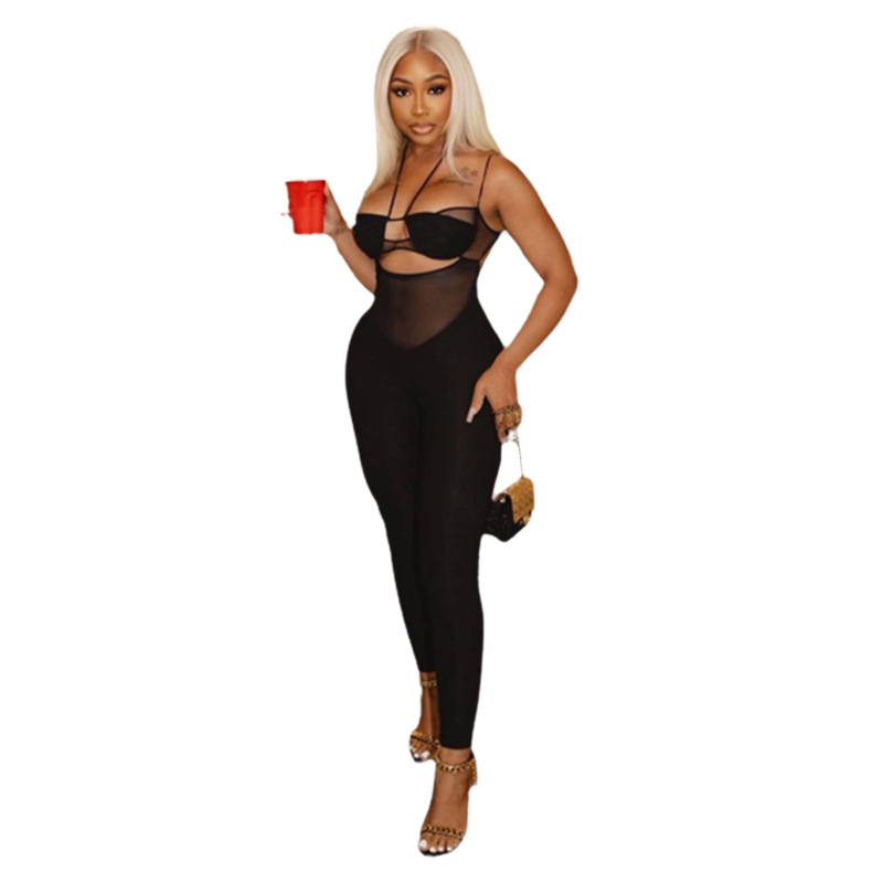 Feng 2024 Sommer Damen Neu Sexy Hohl Perspektive Hängender Hals Hohe Taille Eng Gestrickter Overall für Damen_voghion.com