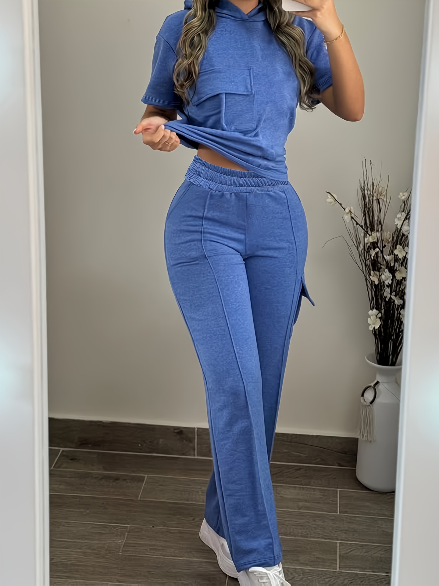 Women's Casual Hooded T-Shirt & Straight Leg Pants Set - Solid Color Lounge Outfit (S-XXL, Blue/Black/Gray/Red)_ecoleips.com