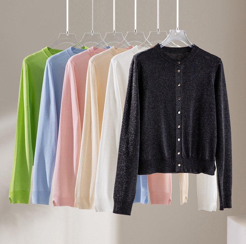 26062~Tencel Linen Shiny Silk Short Round-Neck Knit Cardigan