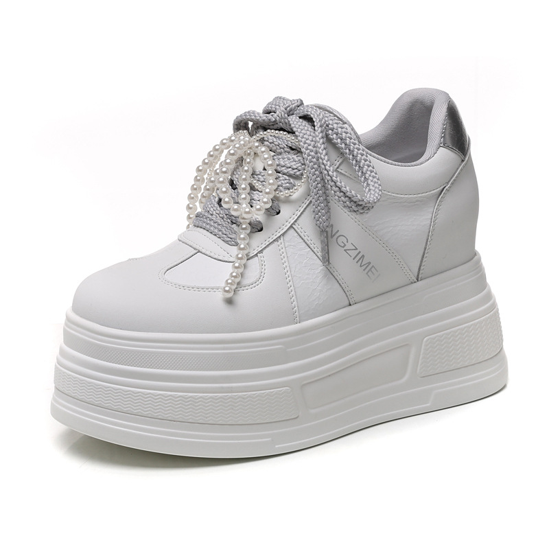 Giày sneaker nữ đế dày phối ngọc trai thời trang, độn cao bên trong — Màu xám trắng