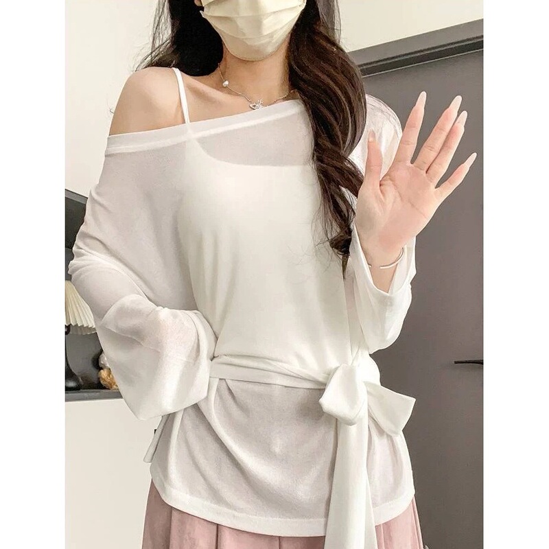 Tie-Up Sun Protection Sheer Blouse for Women, Summer Hollow-Out Off-Shoulder Transparent Top, Early Summer Outfit, Single-Piece Set Top