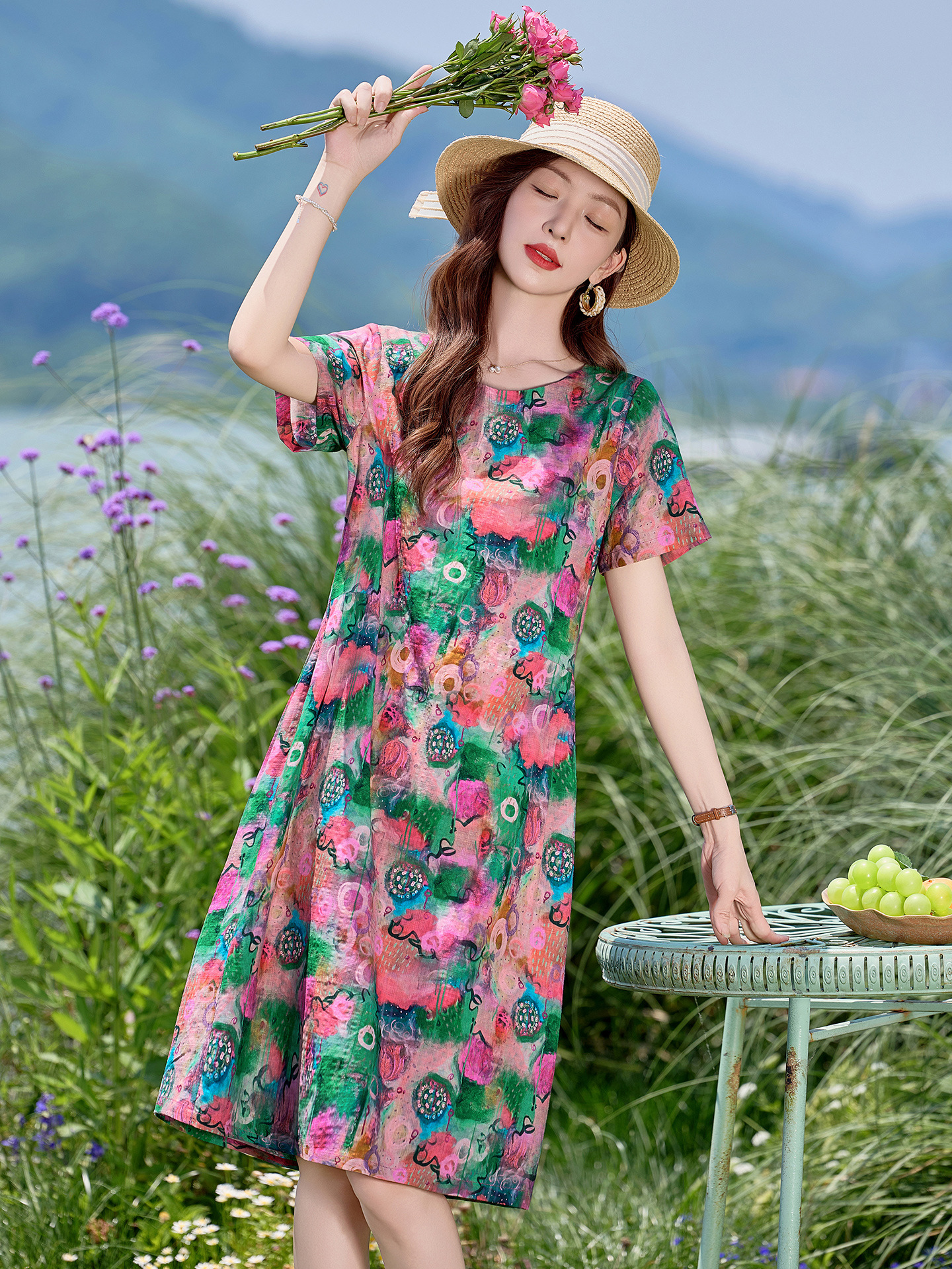 Đầm maxi nữ hoa nhỏ xanh lá cây tươi mát, dáng suông rộng, tay ngắn, mỏng nhẹ mùa hè 2025 — Màu hồng xanh lục, Màu xanh lá