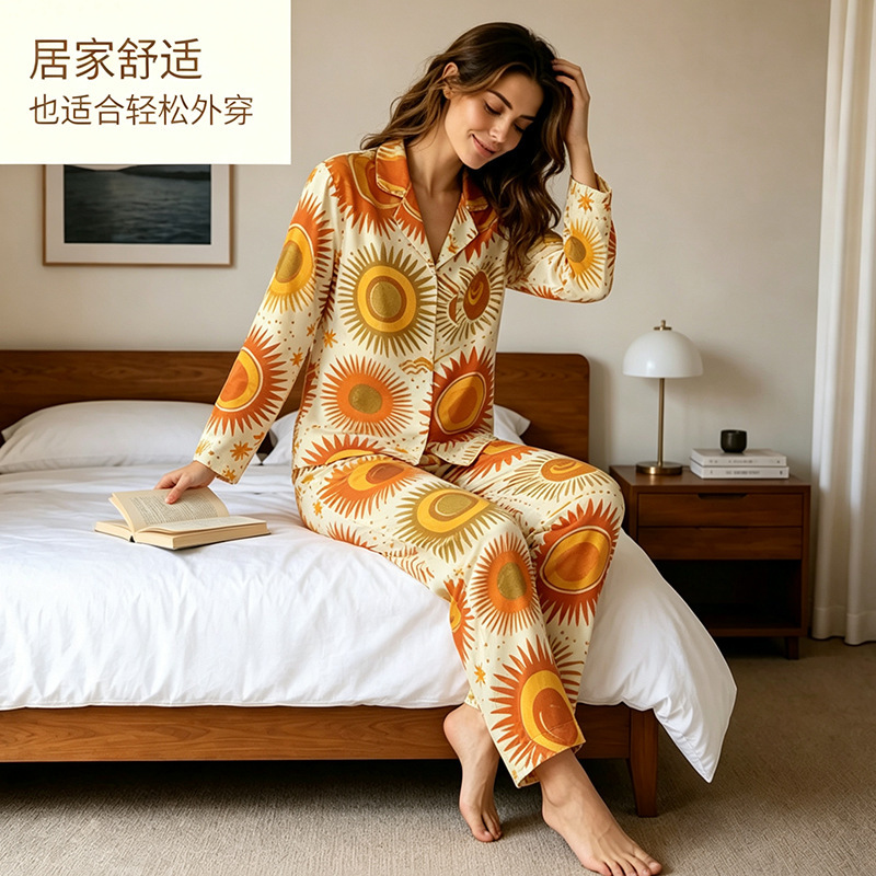 Cross-border custom-made, soothing, American-style women's pajama set with a Cuban collar, long sleeves, and long pants for loungewear Cross-border custom-made, soothing, American-style women's pajama set with a Cuban collar, long sleeves, and long pants for loungewear