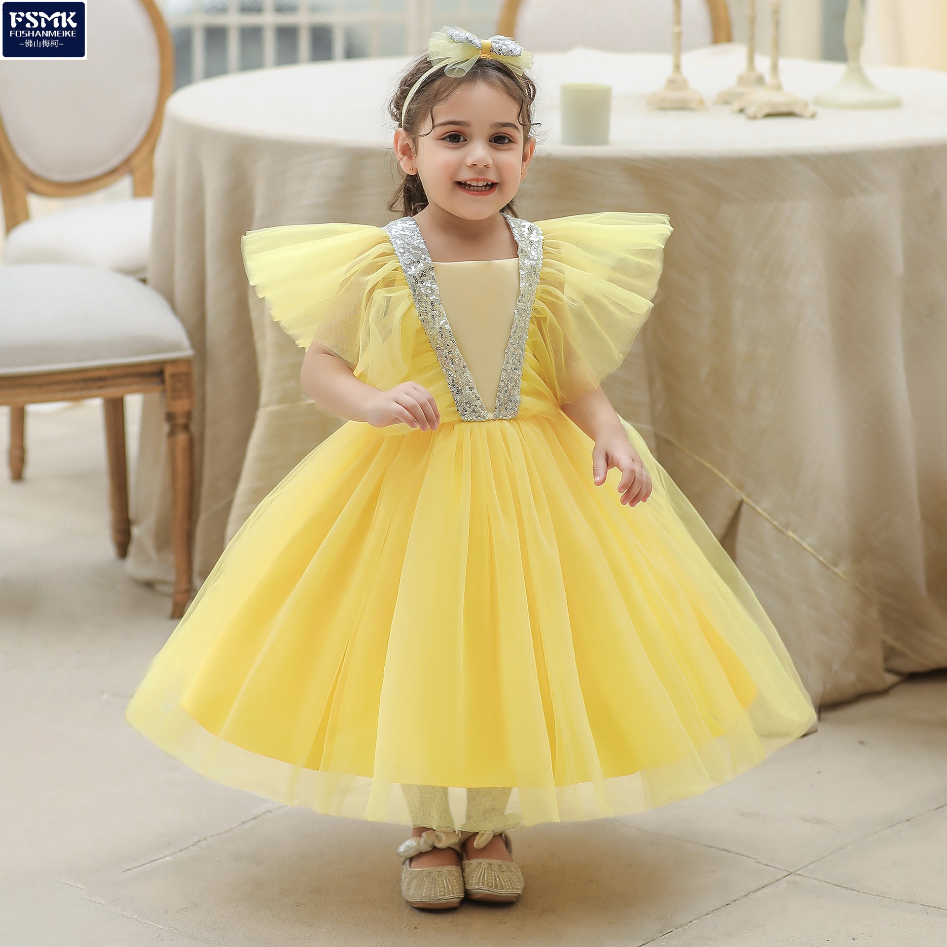 Vestido de princesa para niñas, estilo europeo y americano, con lentejuelas, mangas con volantes y tul esponjoso, para el primer cumpleaños y bautizo de bebés, novedad de Amazon 2026