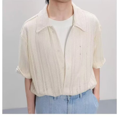 Men's Summer Ice Silk Material Casual Breathable Flared Collar Loose Lace Sun Protection Shirt with Hongfeng Retro Openwork Knit Short Sleeve