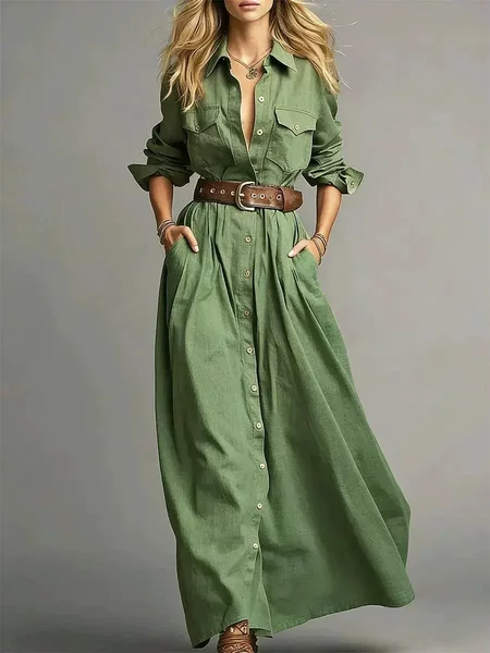 2026 Amazon European and American cross-border foreign trade women's clothing solid color elegant long shirt dress with buttons and long sleeves