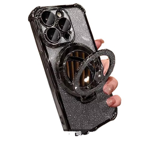 Makeup Mirror Compatible with Apple iPhone 15 Case iPhone 16 Glitter Foldable Stand 13 Protective Cover 12 Anti-Slip 14 for Women