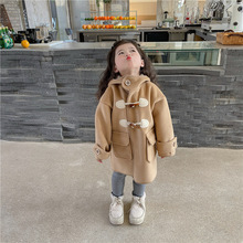 韩国童装秋冬款男女童羊毛呢外套牛角扣连帽长款保暖外套时尚大衣
