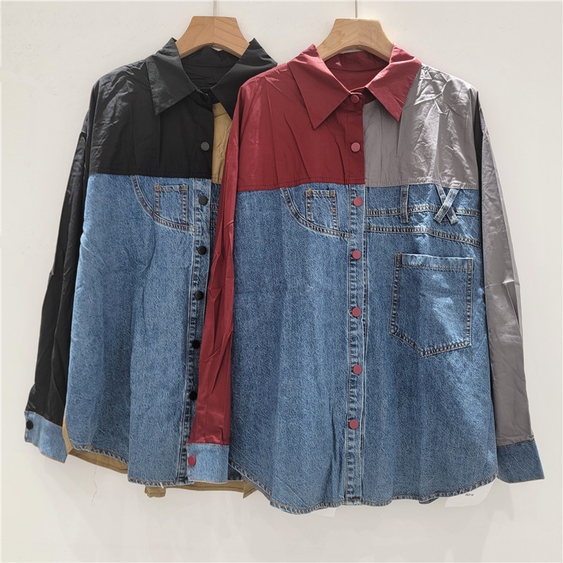 Denim Shirt Women's 2025 New Long-Sleeved Stitching Contrasting Color Loose Casual Shirt Jacket Fashion Top