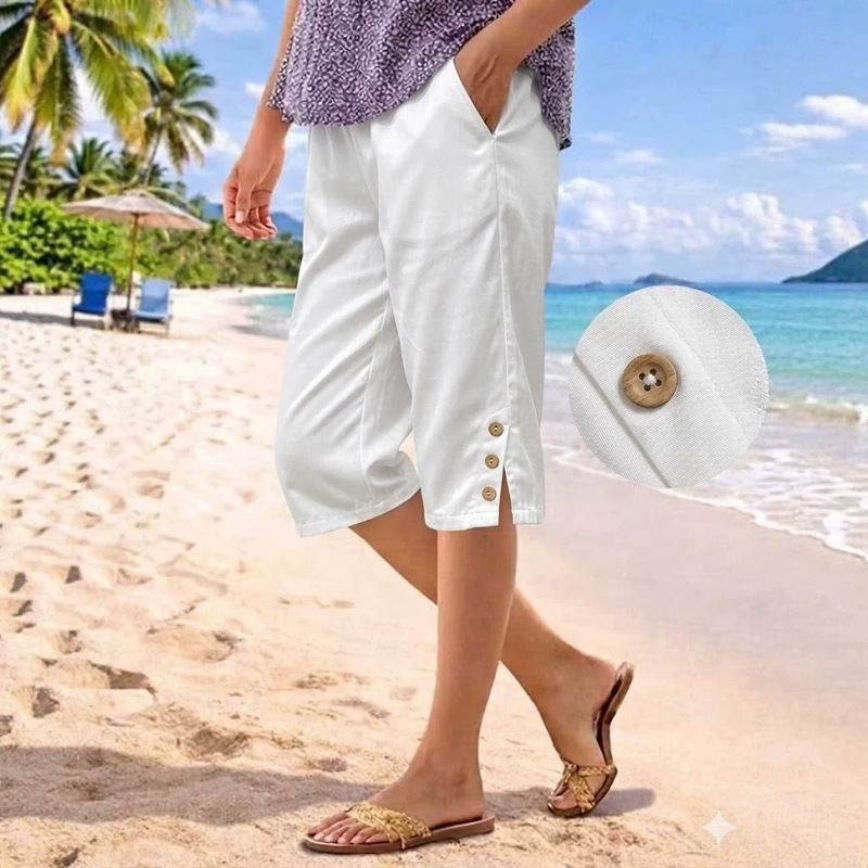 2026 European and American Cross-Border Women's Fashion Amazon New Casual Loose Pocket Cotton-Linen Elastic Casual Shorts Five-Point Shorts