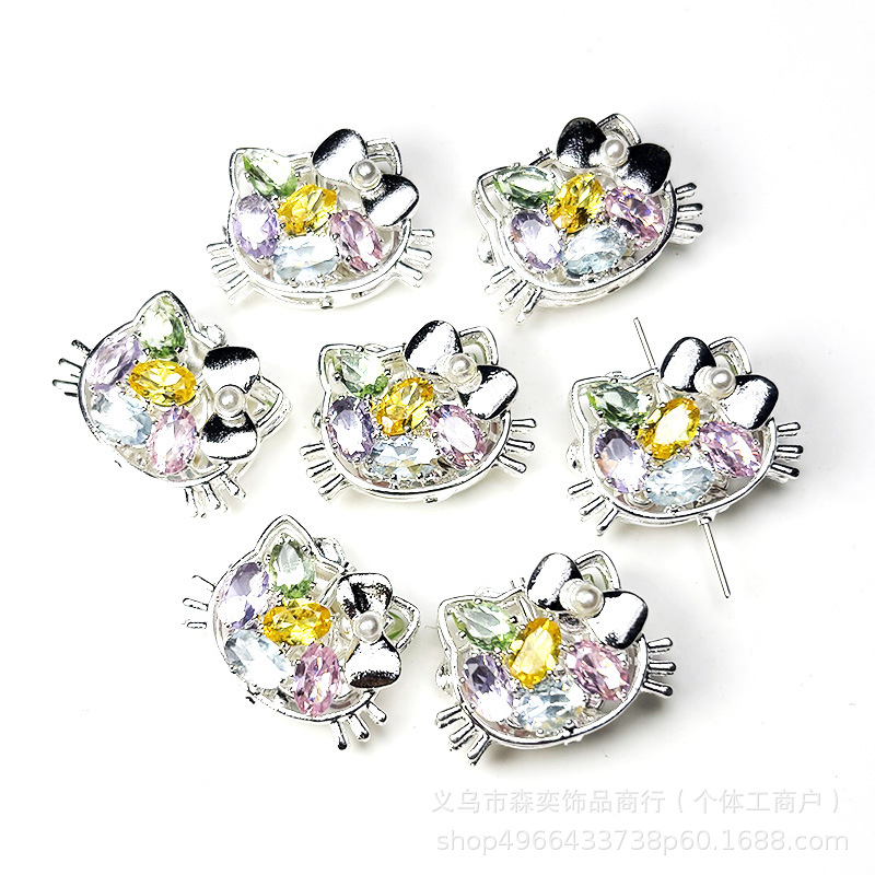 Sen Yi Jewelry Double-Sided Zircon-Inlaid Kt Cat Head Beads with Hole for DIY Straight Hole Beading Phone Chain Accessories