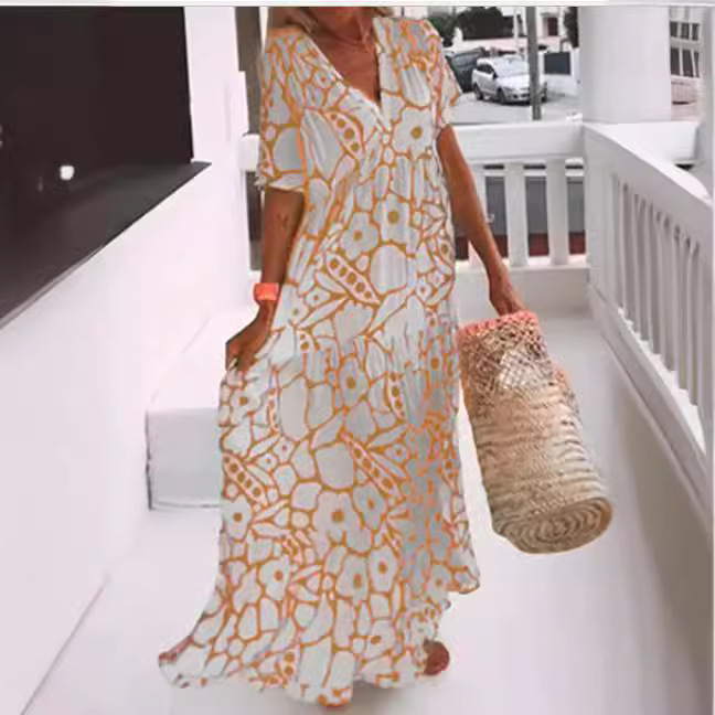 Cross-Border Summer 2023 New Women's Fashion Wish European And American Foreign Trade Printed Short Sleeve V-Neck_ecoleips.com