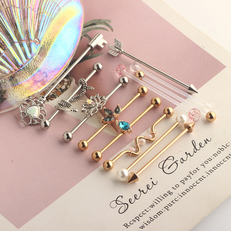 Industrial Barbell Cross Bar Ear Bone Nail Piercing Jewelry Stainless Steel 18K Gold Plated Retro Flower Style detail image 7