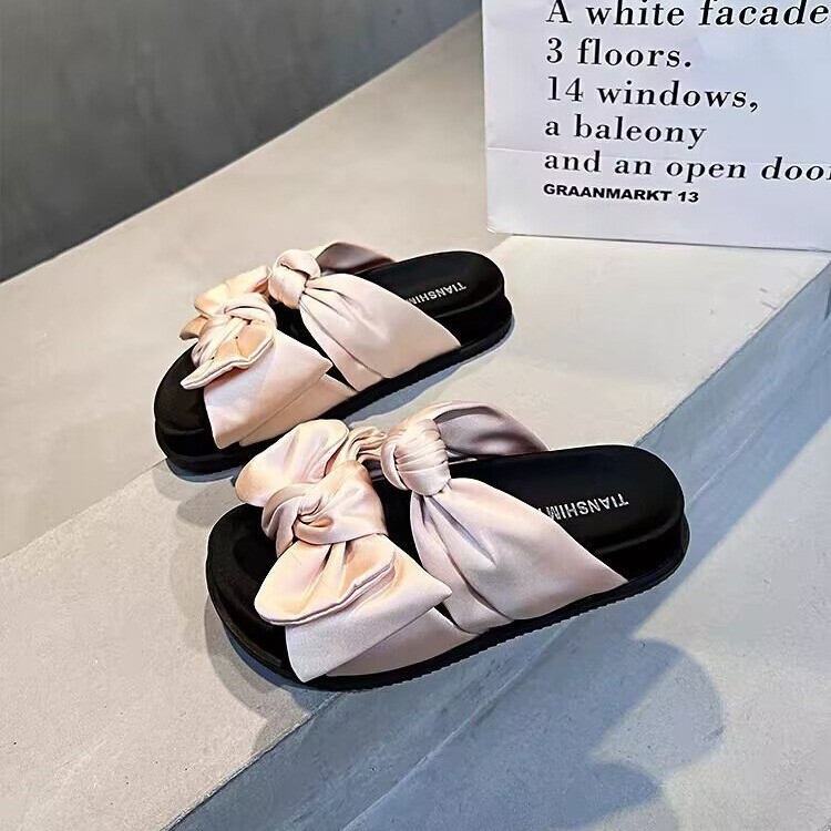 Pink Bow Thick-Soled Slippers for Women, Summer Outdoor Wear, Versatile, Sexy, Super Popular, Soft-Soled Beach Shoes