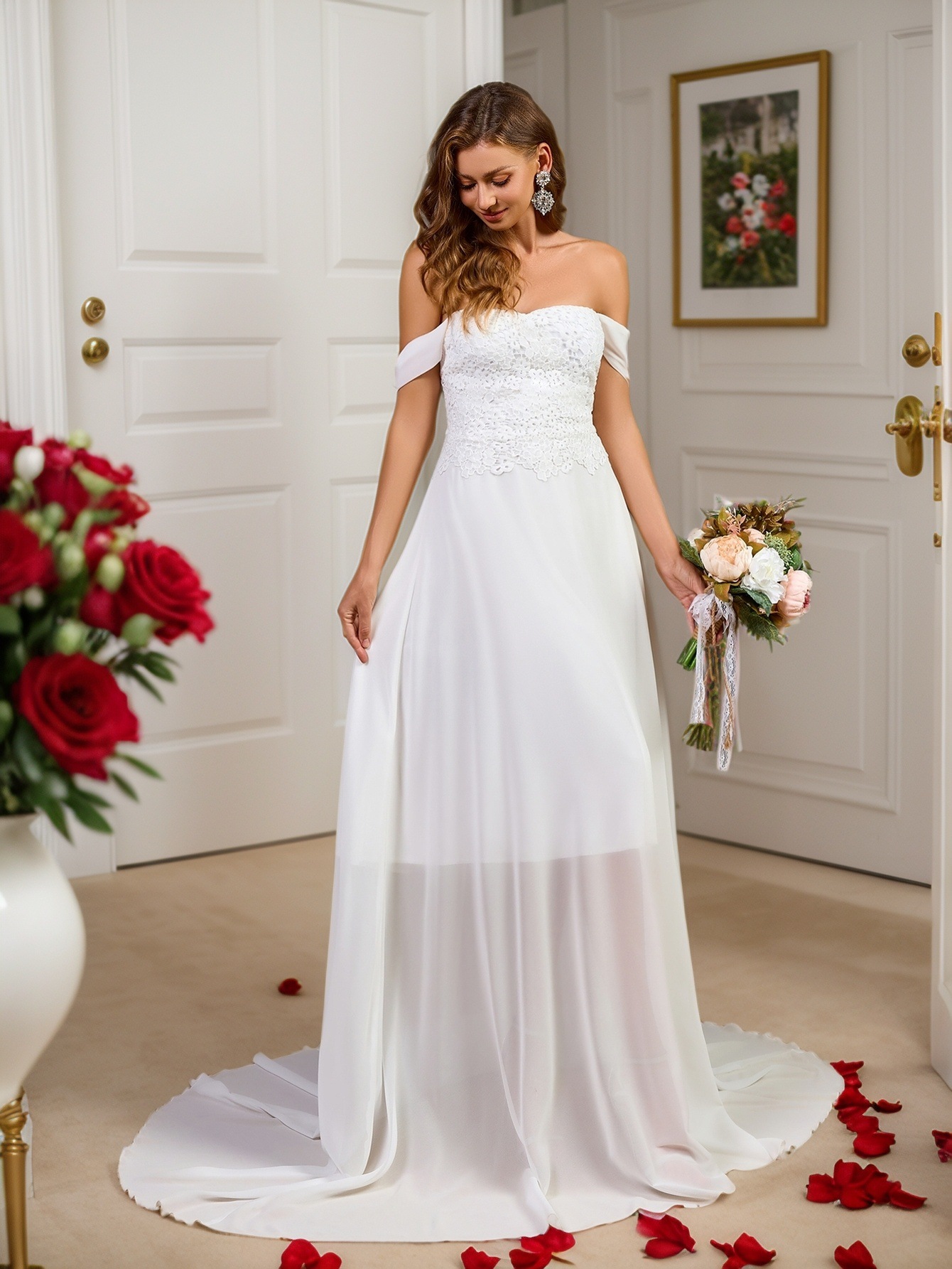 2025 verano nuevo vestido de comercio exterior wish amazon doble hombro encaje chiffon empalme vestido de novia