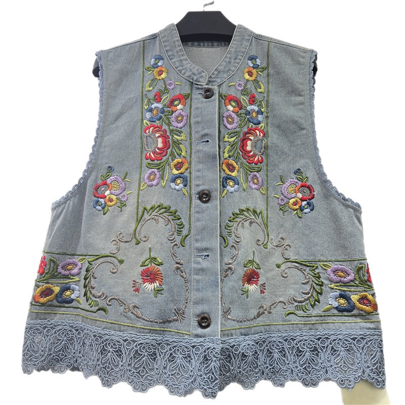 Estación europea 2026 primavera nuevo estilo retro cuello de pie industria pesada bordado chaleco de vaqueros mujer moda universal hombro