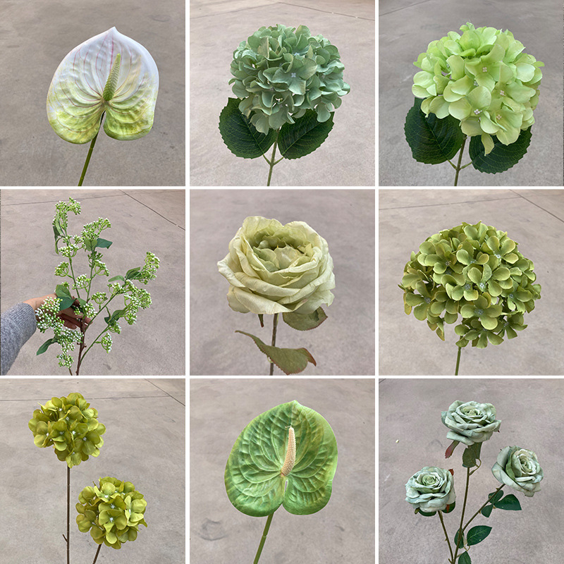 Green artificial wedding flower rose hydrangea Lily Mori wedding hall decoration road lead flower row background flower arrangement Green artificial wedding flower rose hydrangea Lily Mori wedding hall decoration road lead flower row background flower arrangement