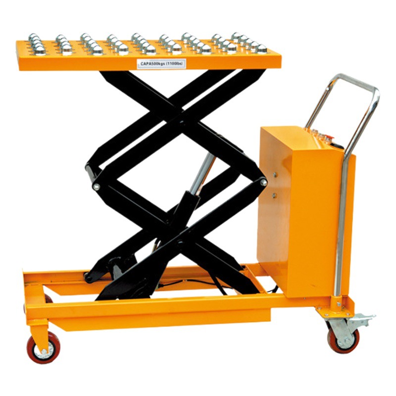 Carro de plataforma móvil hidráulico manual con rodamientos de bolas, carro de plataforma elevadora eléctrica de CC, carro eléctrico que ahorra trabajo.