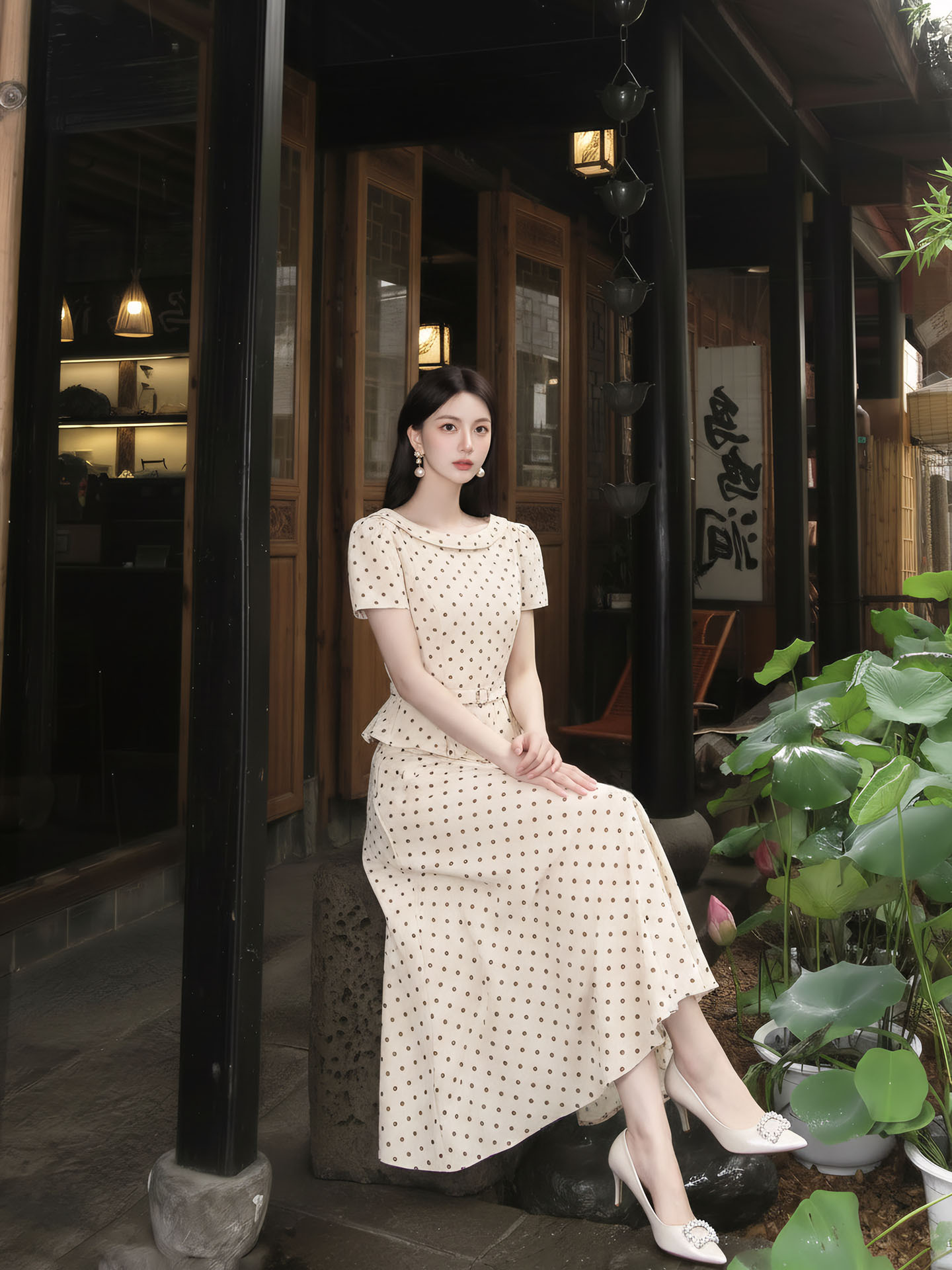 Bộ váy áo hai dây phối chân váy chấm bi phong cách Pháp, eo thon gọn — Trang chủ, bộ đồ, nửa váy