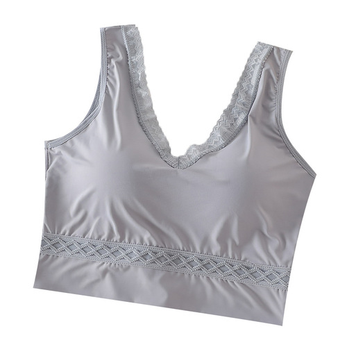 Integrated breast pad plus size sports bra for women summer thin lace fixed cup yoga short vest to prevent exposure