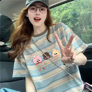 多巴胺卡通涂鸦短袖T恤女小清新撞色条纹减龄胖mm宽松显瘦上衣
