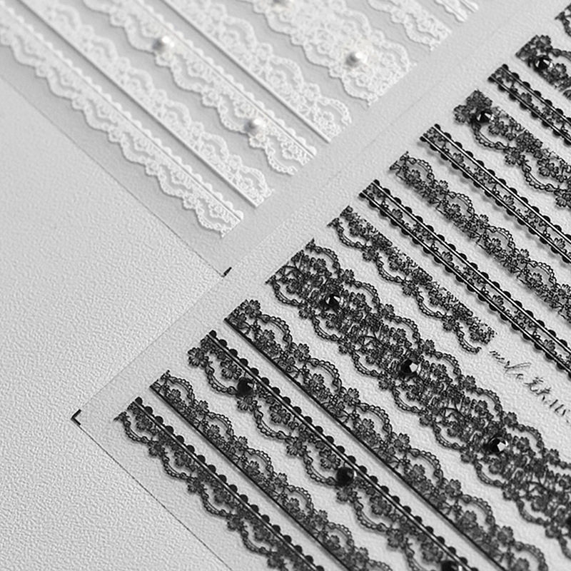 Crystal Diamond Black and White Lace Stripesd Manicure Stickers Tomoni Embossed Transparent Nail Stickers Japanese Style Manicure Accessories