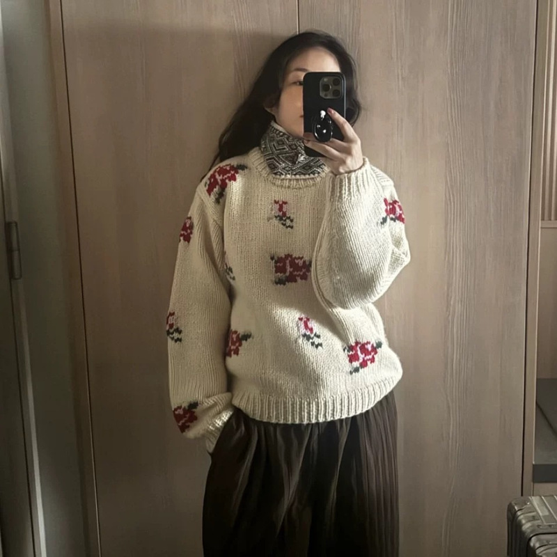 Now Available: Korean Designer Sien*E Rose Flower Round Neck Sweater, Korean Style Women's Retro College Knitwear Top Now Available: Korean Designer Sien*E Rose Flower Round Neck Sweater, Korean Style Women's Retro College Knitwear Top