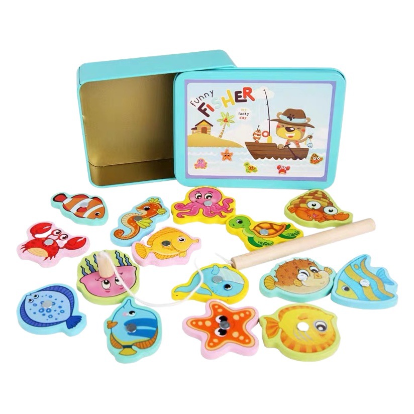 Caja de hierro para niños pesca magnética de Madera Juguetes interactivos entre padres e hijos 15 peces diversión educación temprana material didáctico 1-5 años