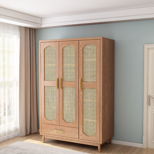 Solid Wood and Wicker Door Wardrobe, Nordic Solid Wood Wardrobe, Simple Wardrobe Cabinet, Bedroom Storage Unit, Combination Storage Cabinet, Suitable for Small Apartments