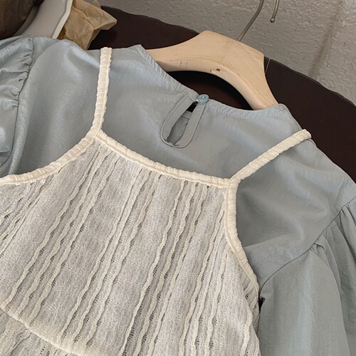 Cotton Domi Girl 2024 Spring Summer Korean Children's Clothing Solid Color Blouse Lace Tank Top Dress Fashion Long Dress Set