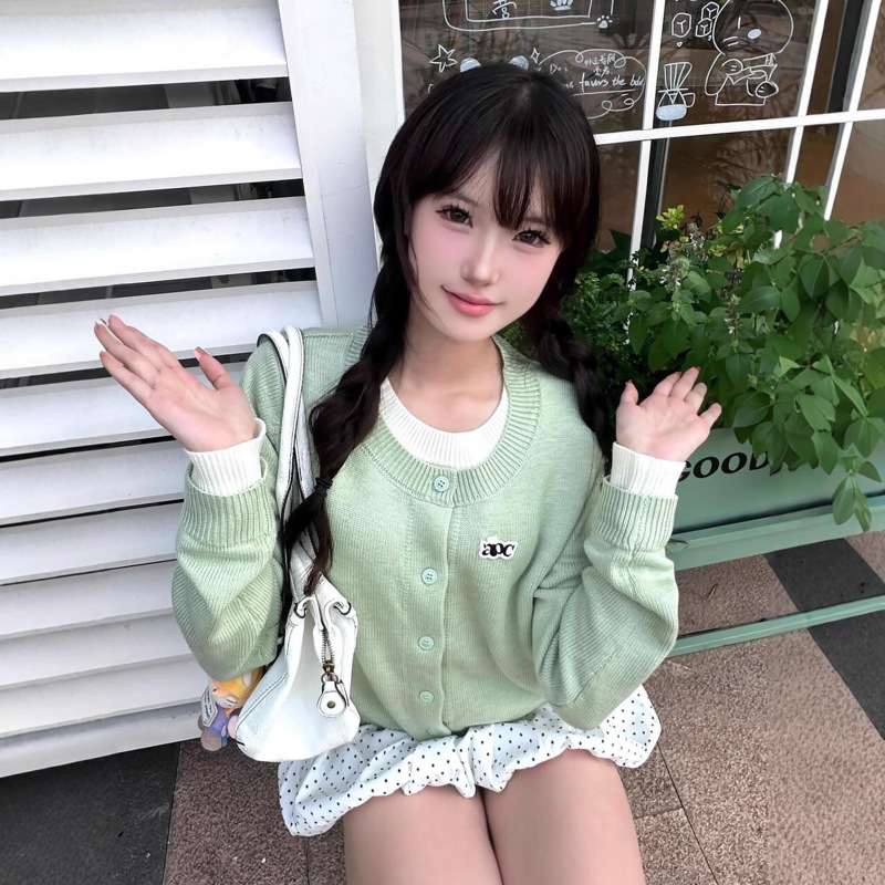 藏青色圆领假两件毛衣女秋季新款软糯温柔风宽松长袖短款针织开衫|undefined